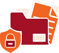 An illustration of a red folder containing documents, accompanied by an orange shield with a padlock, symbolizing secure document management and data protection.