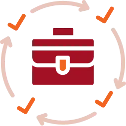 An illustration of a red briefcase surrounded by circular arrows and checkmarks, symbolizing business processes, workflow management, or continuous improvement.