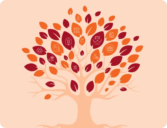 A stylized tree with an array of red and orange leaves, each containing icons representing different sectors such as energy, education, finance, and agriculture. The tree's branches extend outwards, symbolizing interconnected growth and diverse contributions.