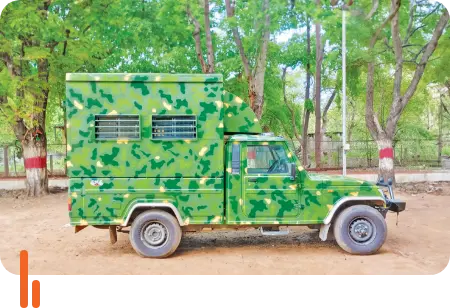 A photograph of a camouflage-patterned rescue van donated by ICICI Foundation, used for transporting injured animals to veterinary clinics for treatment at the Sariska Tiger Reserve in Rajasthan.