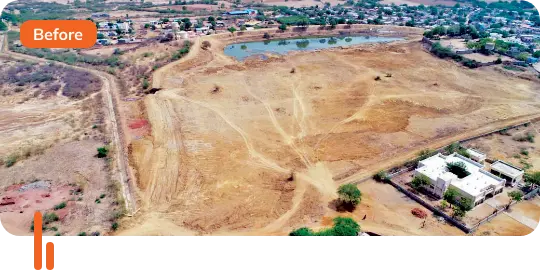 An aerial photograph showing the pond at Lodai village in Kachchh, Gujarat, after the desiltation process. The pond is now filled with water, demonstrating the successful restoration and its positive impact on water storage and management for the local community.