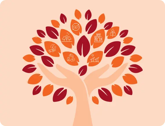 A stylized tree with branches and leaves, where the leaves are represented by various icons related to ESG (Environmental, Social, and Governance) themes, such as recycling, renewable energy, health, and community. The tree symbolizes growth, sustainability, and the interconnectedness of different ESG aspects.