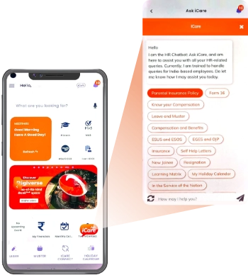 An infographic describing ICICI Bank's Universe on the Move (UOTM) mobile application, a comprehensive workplace technology solution. The image showcases a smartphone with the UOTM app interface, highlighting features like HR and business transactions, employee services, and an integrated business chatbot, iCare, for handling HR-related queries. The text emphasizes the app's ease of use, allowing employees to complete tasks on the go with a seamless integration of business approvals and customer lead management.