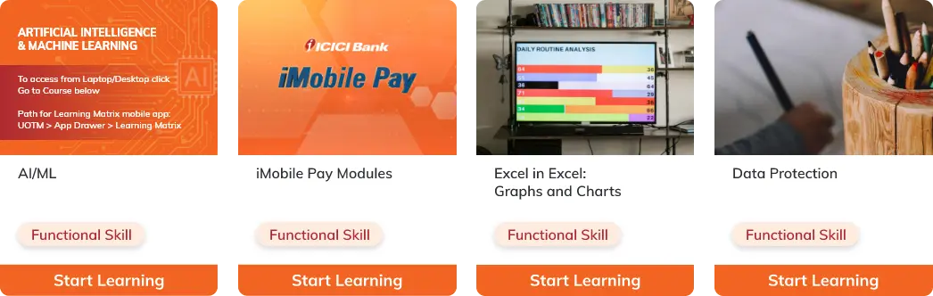 A visual display of four ICICI Bank learning modules focused on functional skills. The modules include Artificial Intelligence & Machine Learning (AI/ML), iMobile Pay Modules, Excel in Excel: Graphs and Charts,  and  Data Protection. Each module is presented with an image and a Start Learning button, encouraging employees to engage with the content to enhance their functional skills.